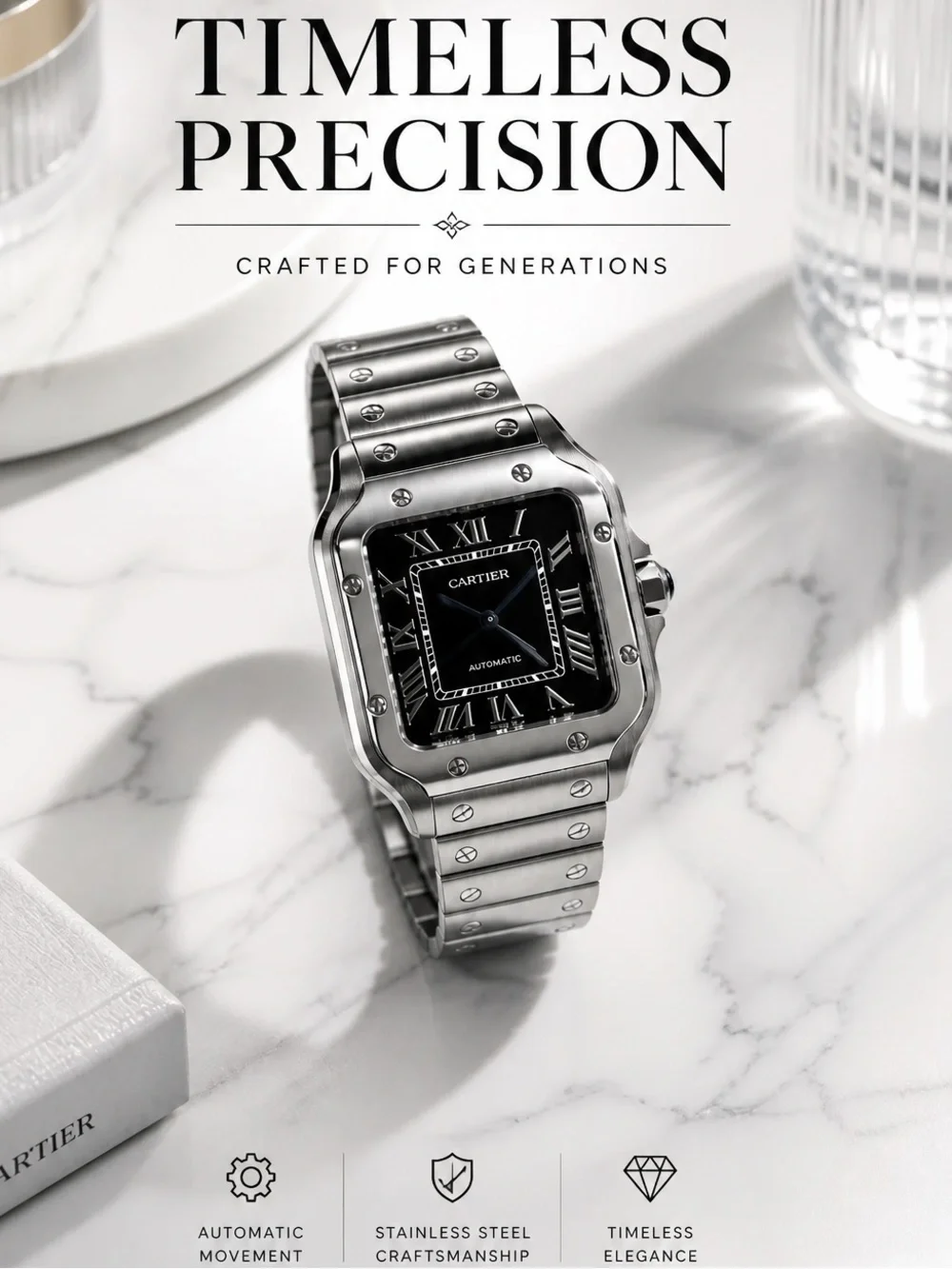 Stainless Steel Men's Watch in Silver with Black Dial